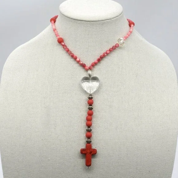 Necklace with Coral beads, Silver Accents and Stone Cross. - Picture 3 of 3